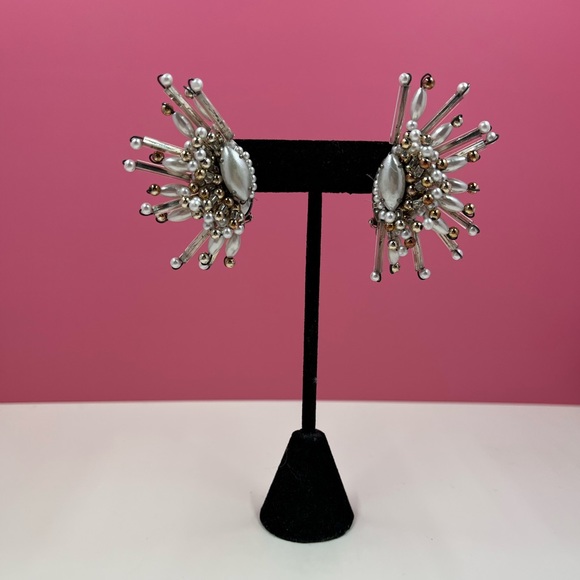 Jewelry - Vintage Designer Beaded Sunburst Clip On Earrings